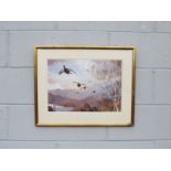 A framed and glazed print after John Cyril Harrison depicting Black Grouse in flight. Signed in