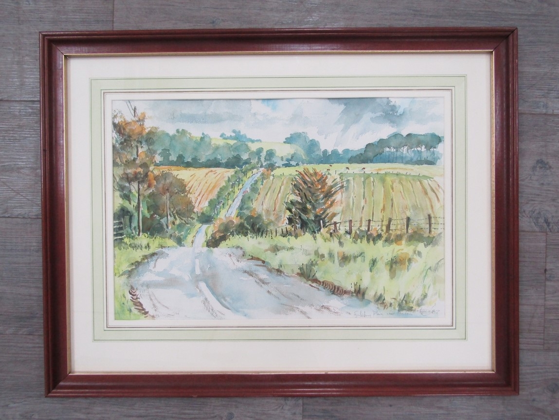 A late 20th Century framed and glazed watercolour, 'Salisbury Plain'. Monogrammed 'EC' and dated '82