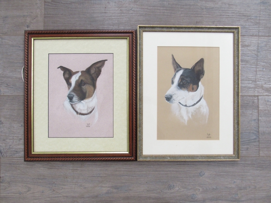 Two framed and glazed oil pastel studies on paper depicting portraits of Terriers. Monogrammed HJH