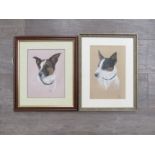 Two framed and glazed oil pastel studies on paper depicting portraits of Terriers. Monogrammed HJH