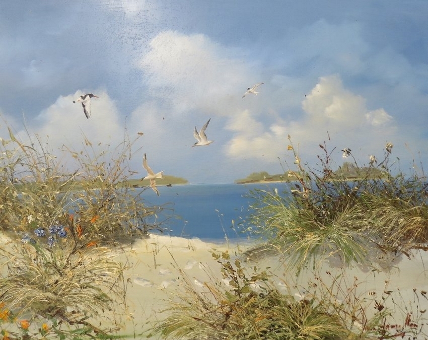 JOHN HAMILTON (1919-1993): An oil on board of coastal dunes scene with grasses and Terns and - Image 2 of 3