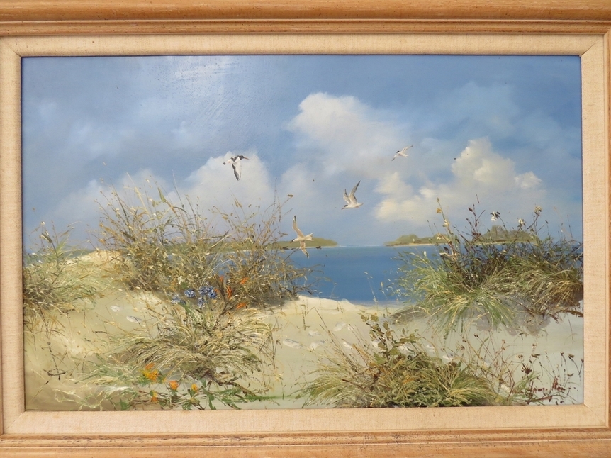 JOHN HAMILTON (1919-1993): An oil on board of coastal dunes scene with grasses and Terns and