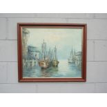 A c1960's French oil on canvas, harbour scene. Indistinctly signed lower left. Image size 50cm x