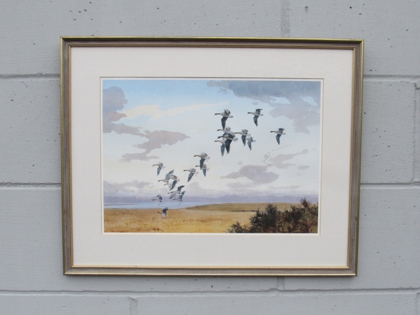 A framed and glazed print after John Cyril Harrison depicting Pink Footed Geese in flight. Signed in