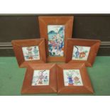 Five Chinese tiles in wooden frames, one a/f