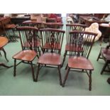 A 19th Century revival set of eight elm seat Thames Valley stick back dining chairs having a wheel