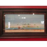 A watercolour depicting a desert oasis scene with figures and camels, oak framed and glazed, 26cm