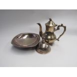 A plated coffee pot, a/f, a footed rimmed dish and a dome lidded dish (3)