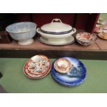 Mixed Victorian and later ceramics including Japanese imari, flow blue and lidded tureen