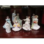 A selection of ceramic figures including Royal Doulton Jane, Hazel and Christine, Coalport Kathleen,