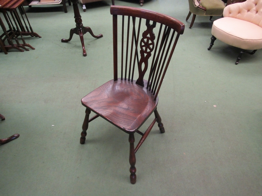 A 19th Century revival set of eight elm seat Thames Valley stick back dining chairs having a wheel - Image 3 of 3