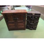 A table-top chest of two doors over two drawers, 38cm x 38cm x 20cm, and a wine carrier in the