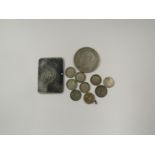 A silver stamp case together with assorted coins including 1935 crown, silver three pence coins, one