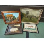 Three naive oils and a watercolour depicting a rare breed pig, church, cottage and manor house,