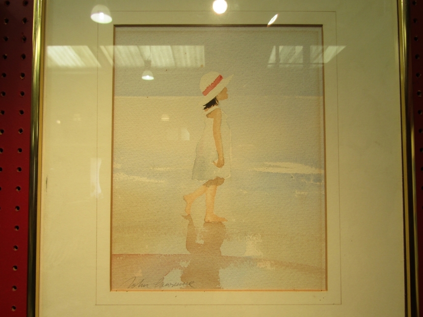 JOHN LAWRENCE: Two watercolors of children on a beach, Newgate gallery sticker to reverse, framed