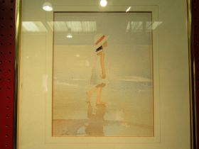JOHN LAWRENCE: Two watercolors of children on a beach, Newgate gallery sticker to reverse, framed