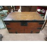 An oak metal bound chest with candle box interior, 36cm x 66cm x 41cm