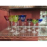 Six tall Bohemian coloured wine glasses and six champagne glasses (12)