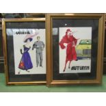 Two framed 1960's fashion prints "Summer", woman in summer dress beside a man in a pin stripe suit