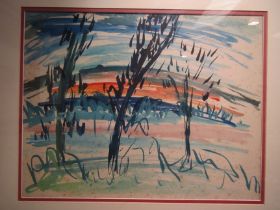 A modernist watercolour depicting wheat with blue sky, framed and glazed, 40cm x 51cm foxing present