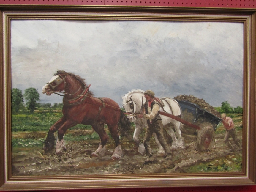 An oil on board depicting farmers in a field with horses and cart, indistinctly signed lower left,