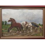 An oil on board depicting farmers in a field with horses and cart, indistinctly signed lower left,