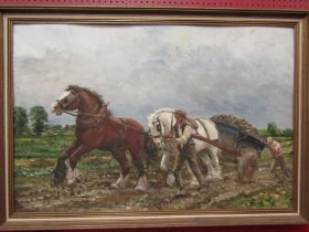 An oil on board depicting farmers in a field with horses and cart, indistinctly signed lower left,