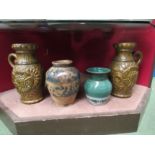 Two studio pottery jugs, a vase and a blue and white tin glazed vase (a/f) (4)