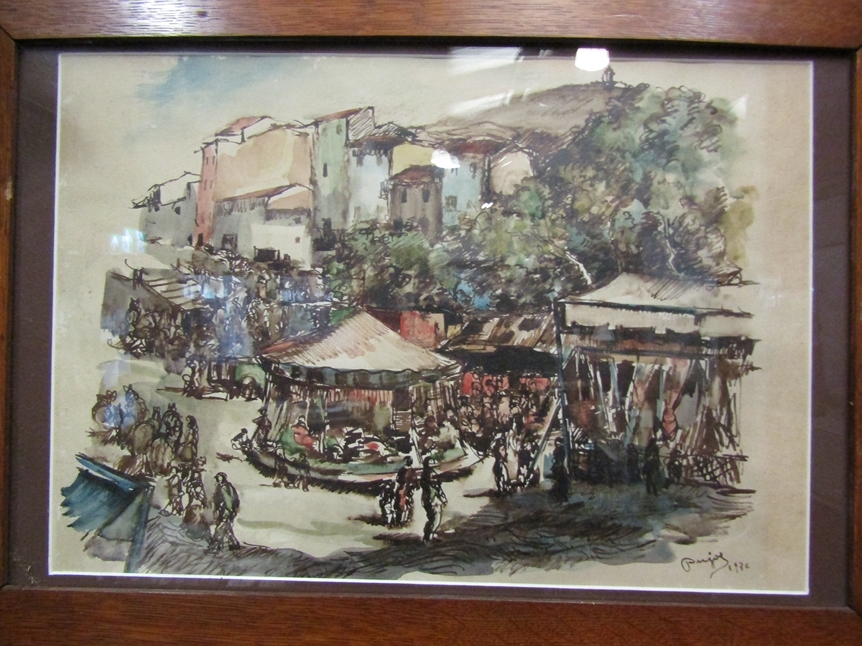 RAMON PUJOL (1907 - 1981): A pair of Spanish watercolours in oak frames with Art Nouveau copper - Image 2 of 4