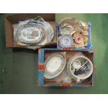 Three boxes of mixed ceramics to include transferware, glass dishes, R.A.F chamber pot, etc