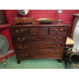 A George III flame mahogany chest of six drawers with brass swan neck handles over bracket feet (top