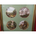Four ceramic pot lids depicting rural scenes, mounted and framed as one
