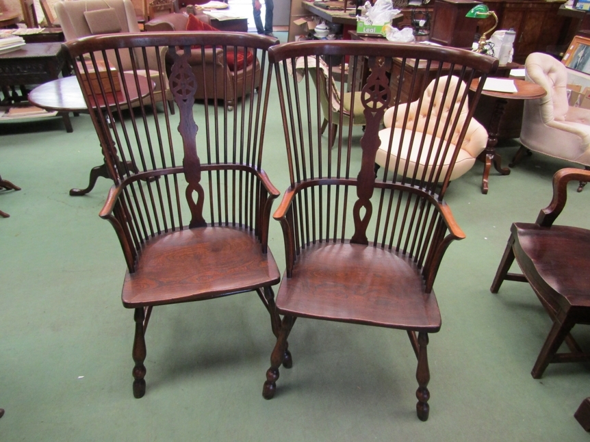 A 19th Century revival set of eight elm seat Thames Valley stick back dining chairs having a wheel - Image 2 of 3