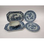 Two Chinese blue and white long octagonal export dishes together with a dish and two side plates,