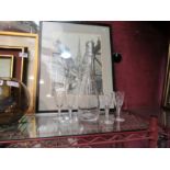 A crystal glass decanter and four glasses all with long stemmed floral design (chip to foot)