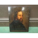 An oil on board portrait of a gentleman "M.JAN HUS. 1415" Partial label and details verso. 30.5cm