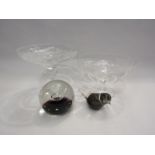 Two glass tazza dishes and two paperweights, one in the form of a bird (4)