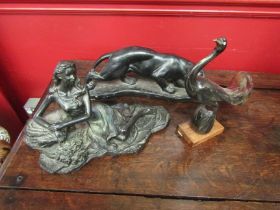 Three decorative figures including reclining lady and a Shelley & Meyer of Delhi horn pheasant