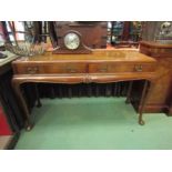 A burr walnut serving table with two drawers on cabriole legs to pad feet, 77cm x 136cm x 49cm