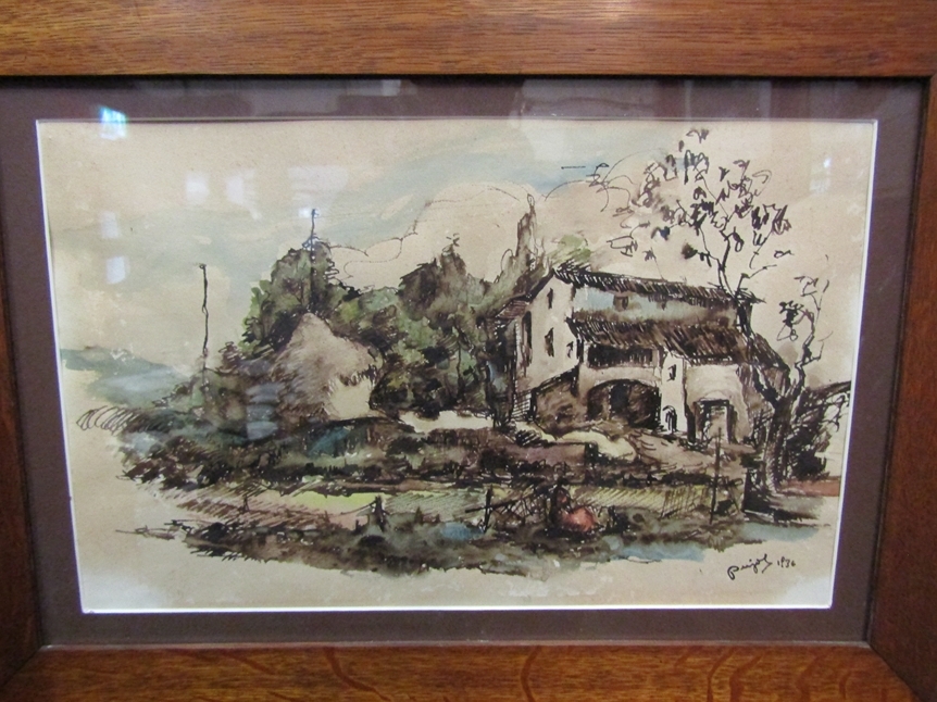 RAMON PUJOL (1907 - 1981): A pair of Spanish watercolours in oak frames with Art Nouveau copper - Image 4 of 4