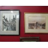 R.DOBSON: Two mixed media paintings depicting river and street scenes and an unsigned oil (3)