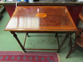 A late Victorian inlaid mahogany lamp table the rectangular top with oval fan patera inlay on