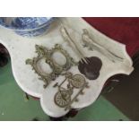 An ornate brass twin photograph frame, bike design key rack and pair of plated pheasants (4)