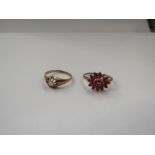 Two 9ct gold rings including ruby cluster (stone missing), 3.7g