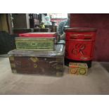 A selection of vintage tins: Post Office, Huntley and Palmers wafer miniature tins, tin containing