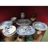 A selection of transferware items including "Willow" pattern meat drainer, graduated set of dishes