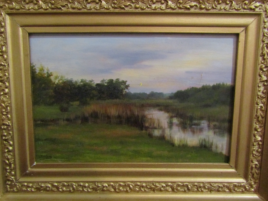 BORBERG: An oil on card depicting a river bank at dusk, signed lower left, gilt framed, 19.5cm x