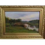 BORBERG: An oil on card depicting a river bank at dusk, signed lower left, gilt framed, 19.5cm x