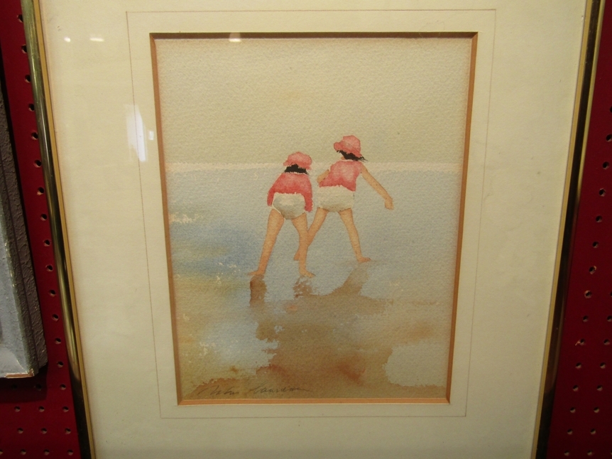 JOHN LAWRENCE: Two watercolors of children on a beach, Newgate gallery sticker to reverse, framed - Image 2 of 4