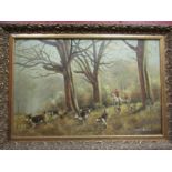 ROBERT MEADOWS: A pair of oil on canvas pictures depicting horse and hound hunting scenes. Gilt